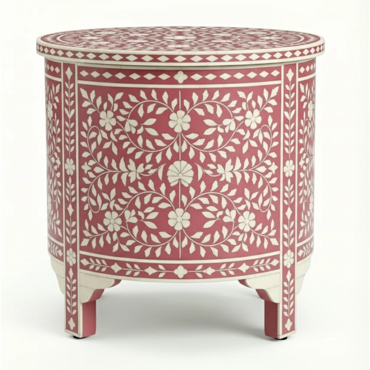 Bone Inlay Pink Round Bedside Table with 2 Drawer - Image 4