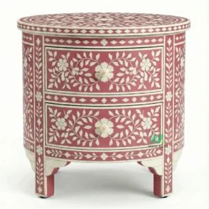 Bone Inlay Pink Round Bedside Table with 2 Drawer