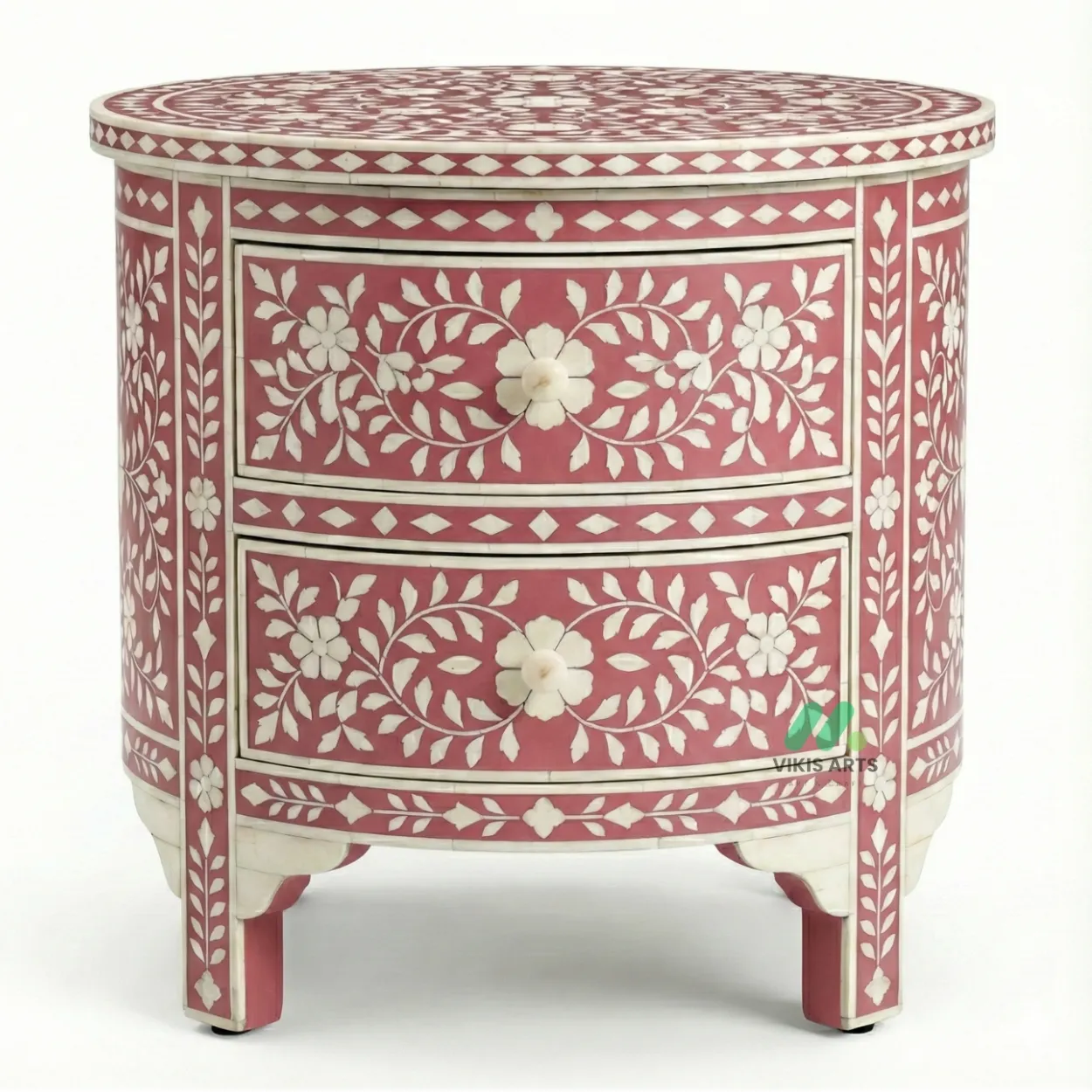 Bone Inlay Pink Round Bedside Table with 2 Drawer