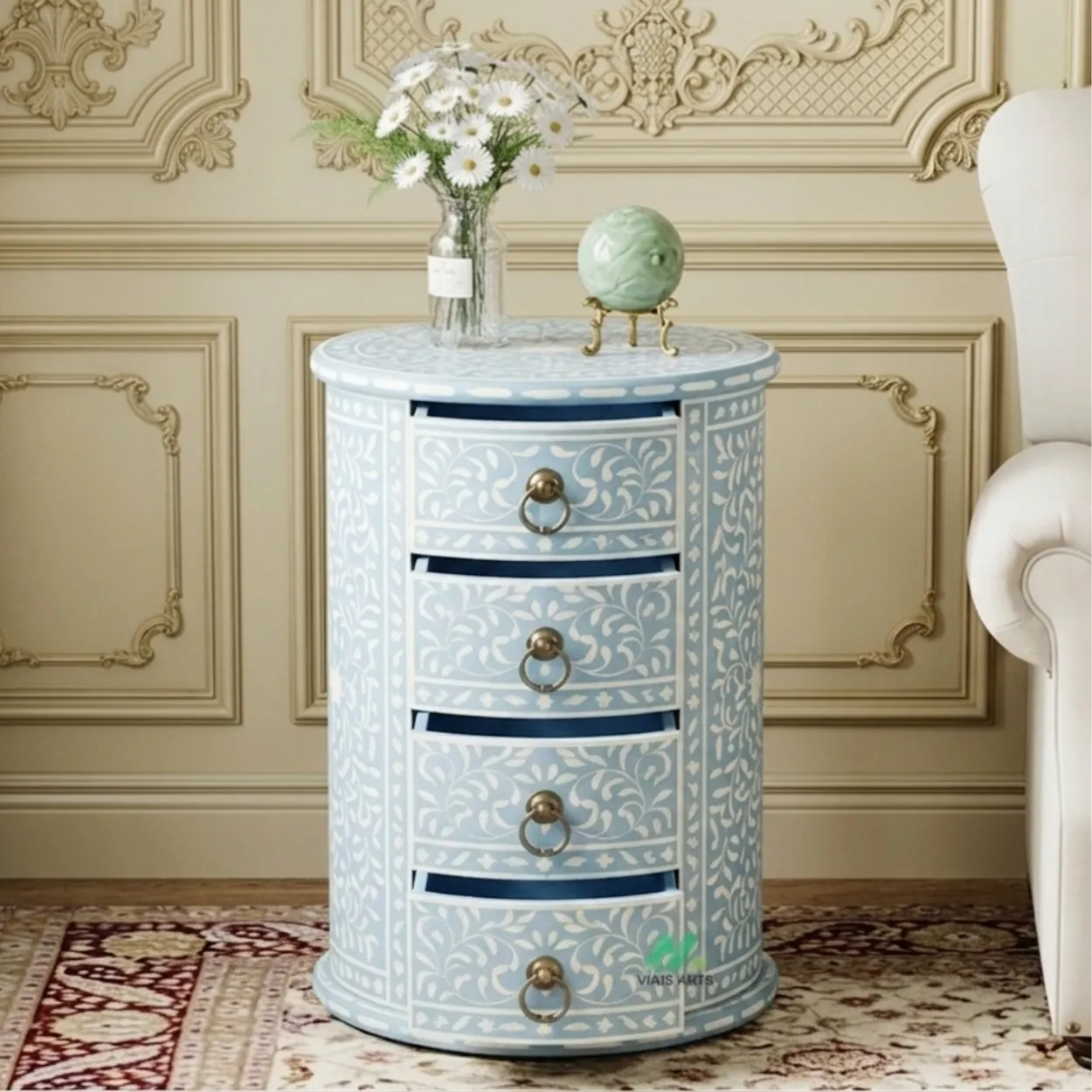 Bone Inlay Light Blue Round Bedside Table - Image 6