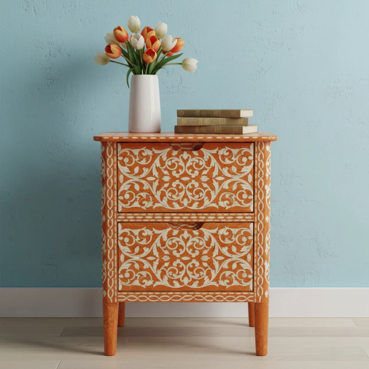 Bone Inlay Orange Bedside Table