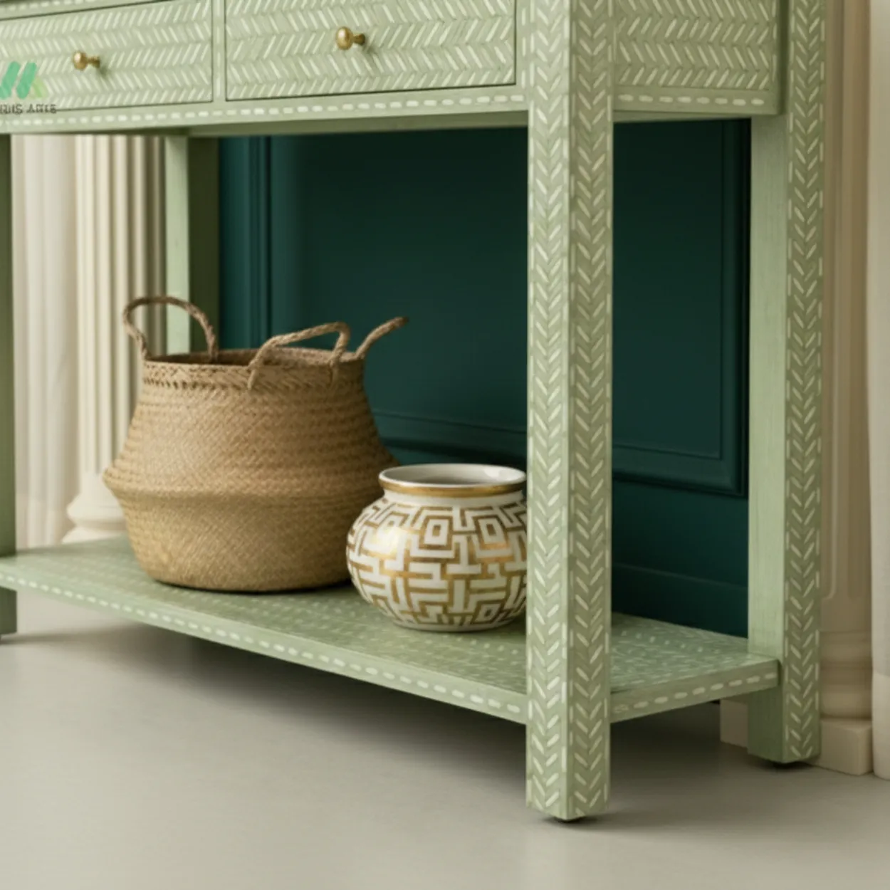 Bone Inlay Light Green Console Table - Image 6
