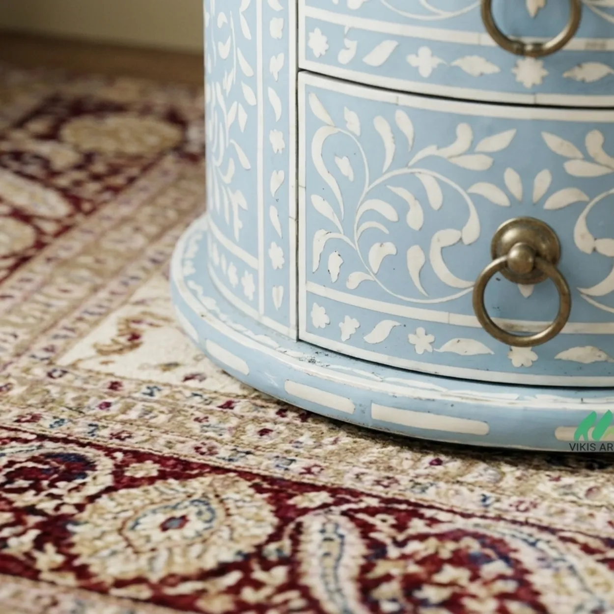 Bone Inlay Light Blue Round Bedside Table - Image 4