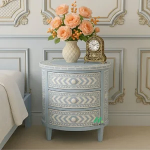 Bone Inlay Light Blue Round Bedside Table