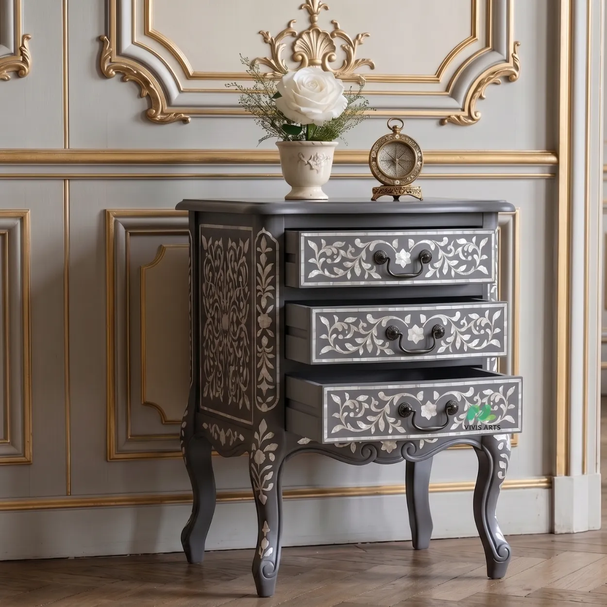 Mother of Pearl Grey Bedside Table - Image 6