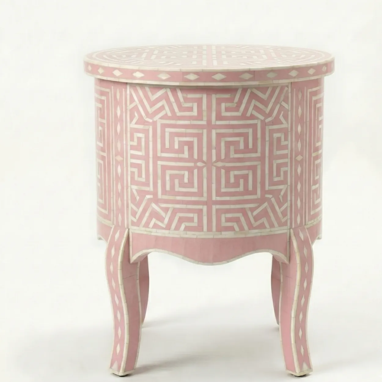 Bone Inlay Pink Round Bedside Table with 2 Drawers - Image 2