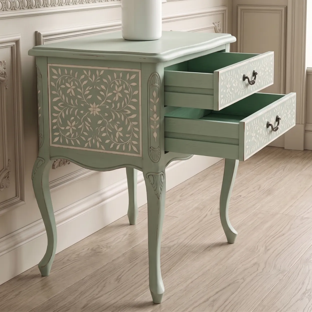Bone Inlay Light Green Bedside Table - Image 7