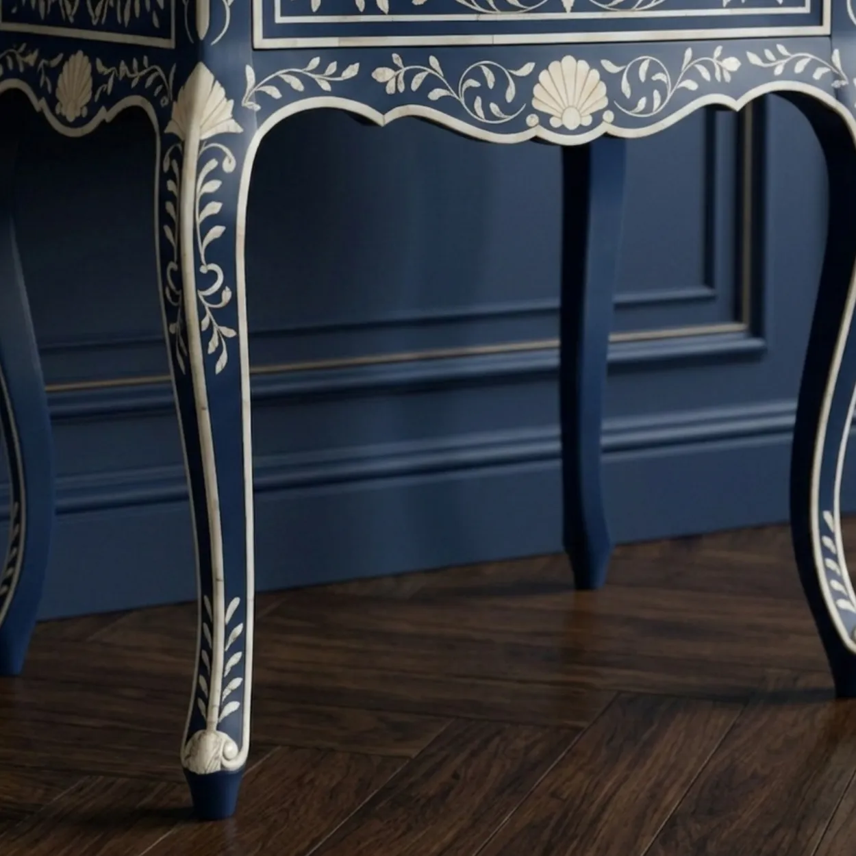 Bone Inlay Navy Blue Bedside Table - Image 6