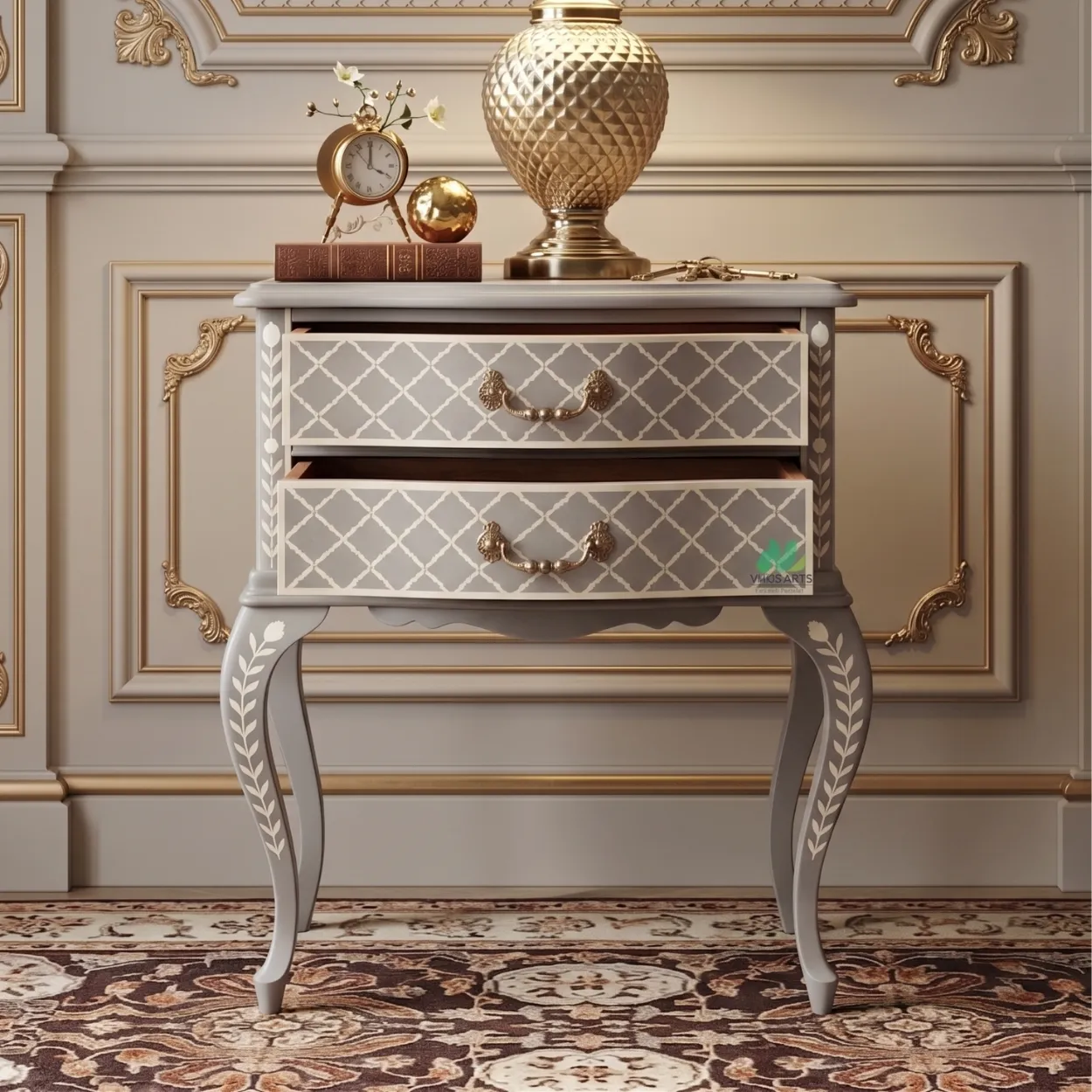 Bone Inlay Grey Bedside Table - Image 6