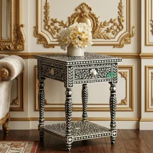 Bone Inlay Black Bedside Table
