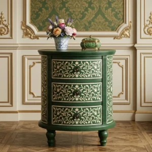 Bone Inlay Green Round Bedside Table