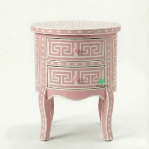 Bone Inlay Pink Round Bedside Table with 2 Drawers