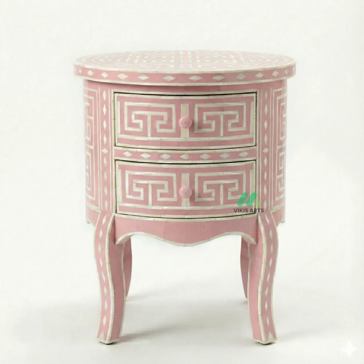 Bone Inlay Pink Round Bedside Table with 2 Drawers