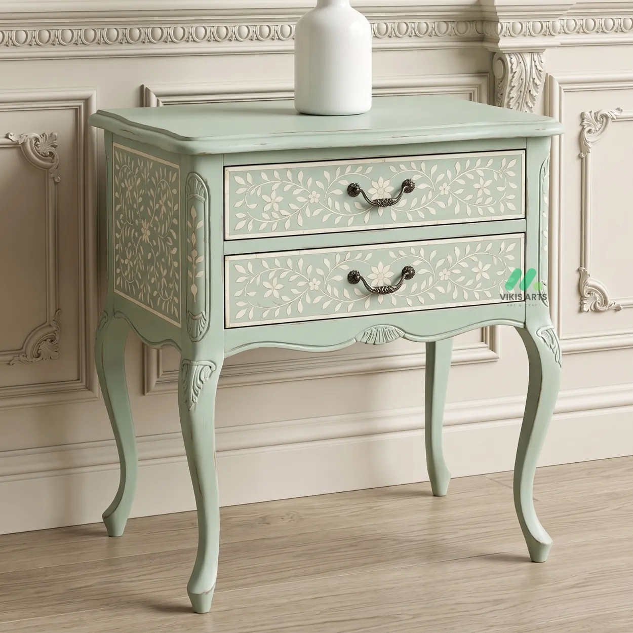 Bone Inlay Light Green Bedside Table
