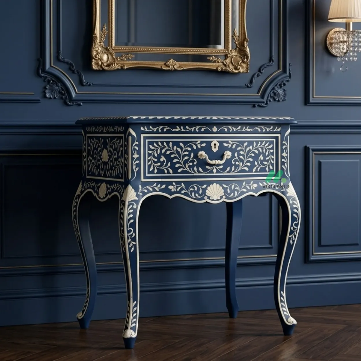 Bone Inlay Navy Blue Bedside Table