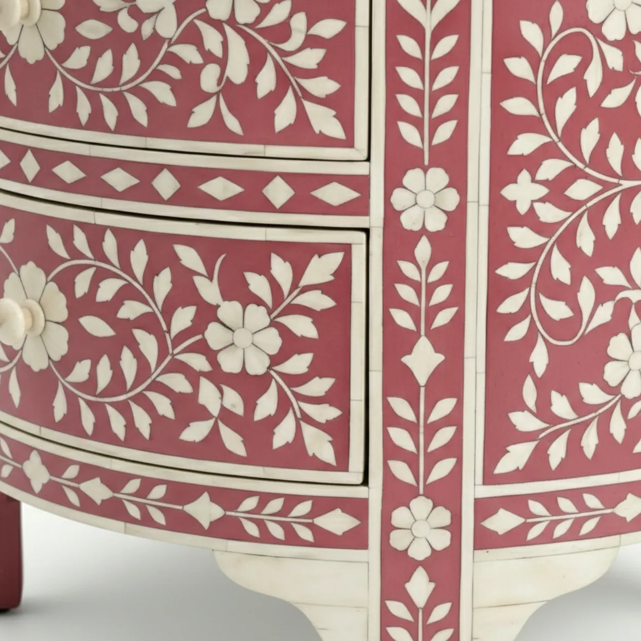 Bone Inlay Pink Round Bedside Table with 2 Drawer - Image 5
