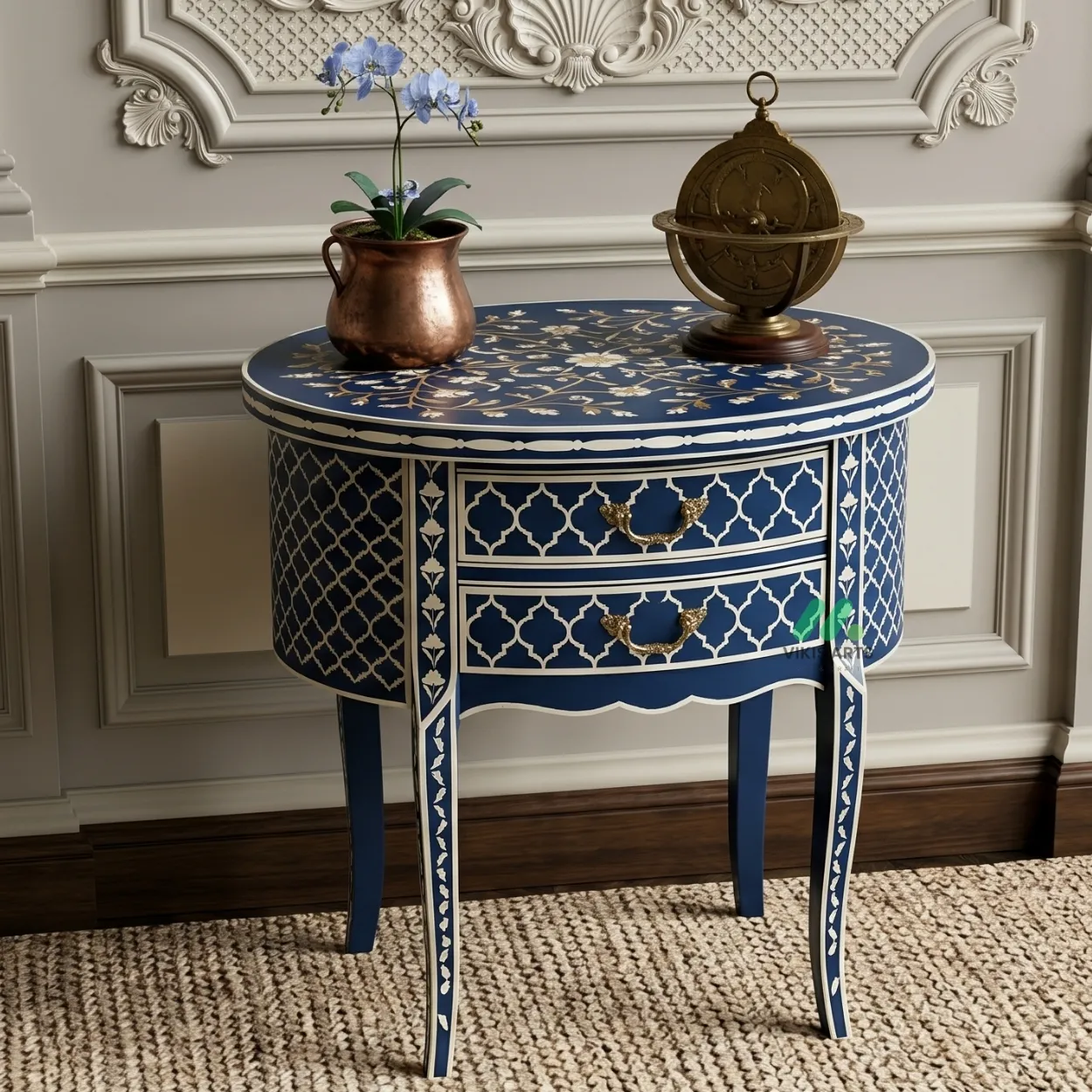 Bone Inlay Navy Blue Round Bedside Table