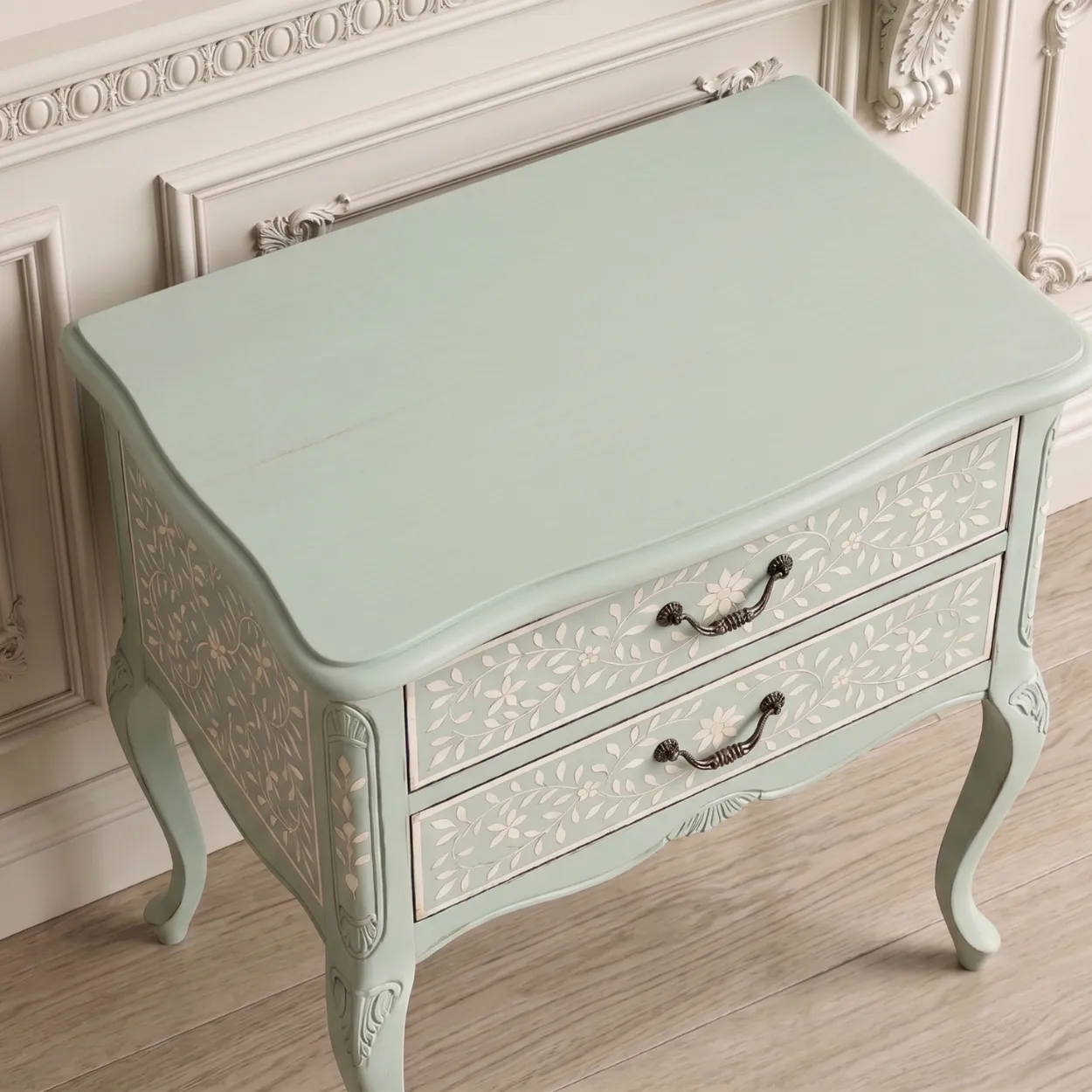 Bone Inlay Light Green Bedside Table - Image 3