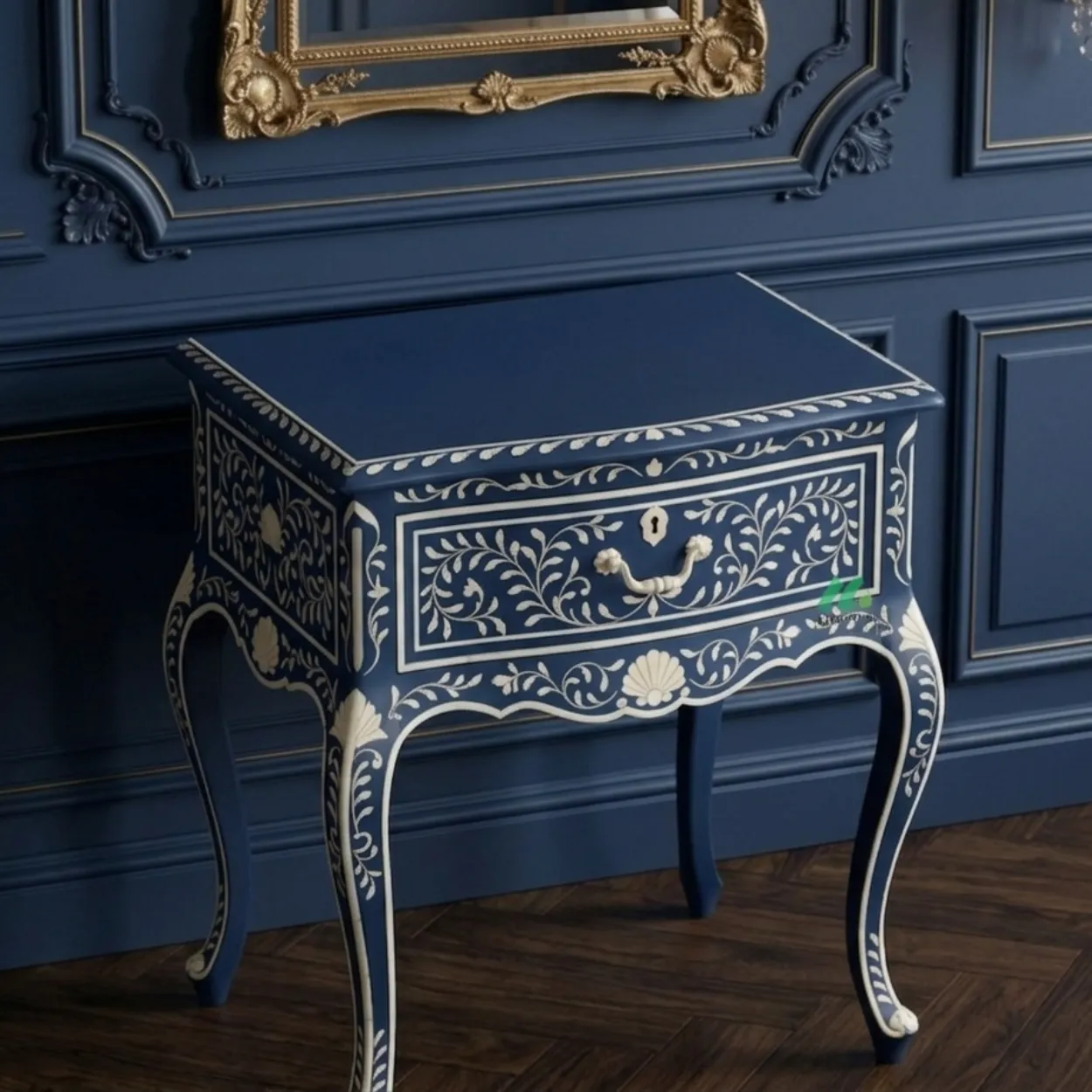 Bone Inlay Navy Blue Bedside Table - Image 3