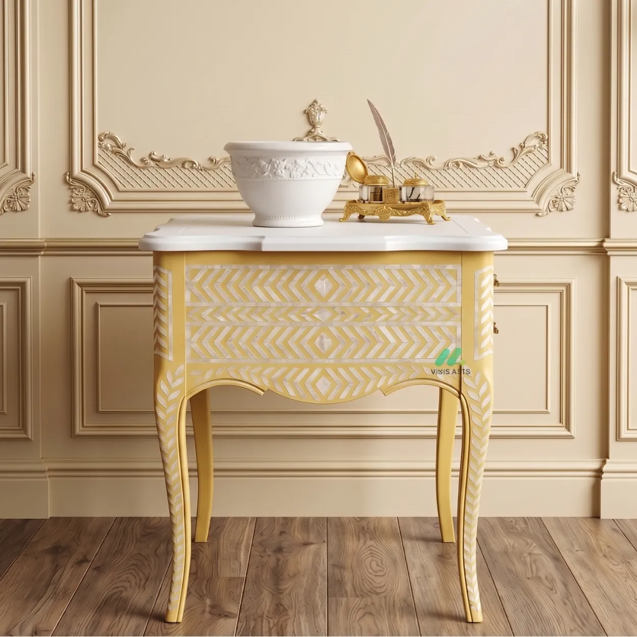 Mother of Pearl Yellow Bedside Table - Image 4