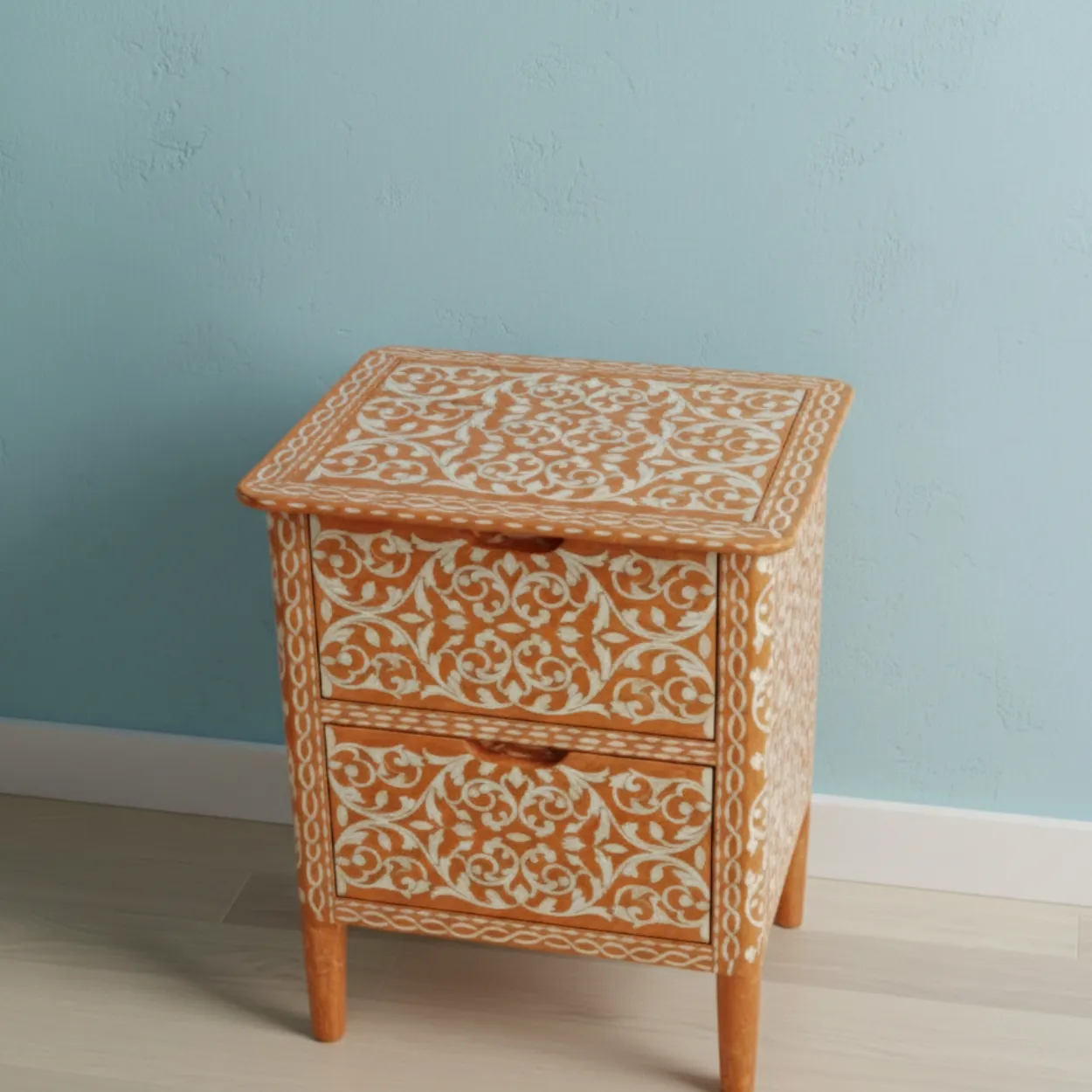 Bone Inlay Orange Bedside Table - Image 3