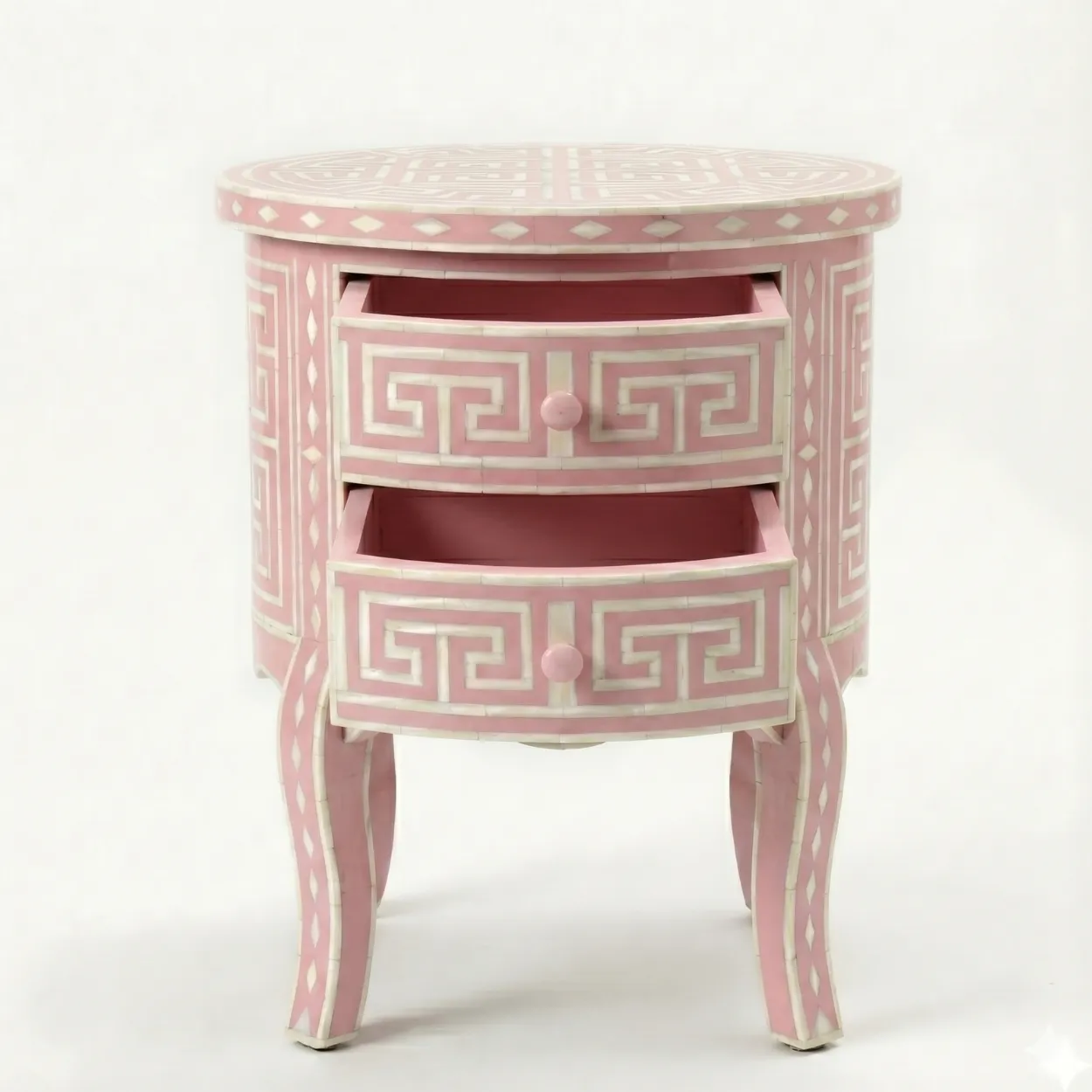 Bone Inlay Pink Round Bedside Table with 2 Drawers - Image 5
