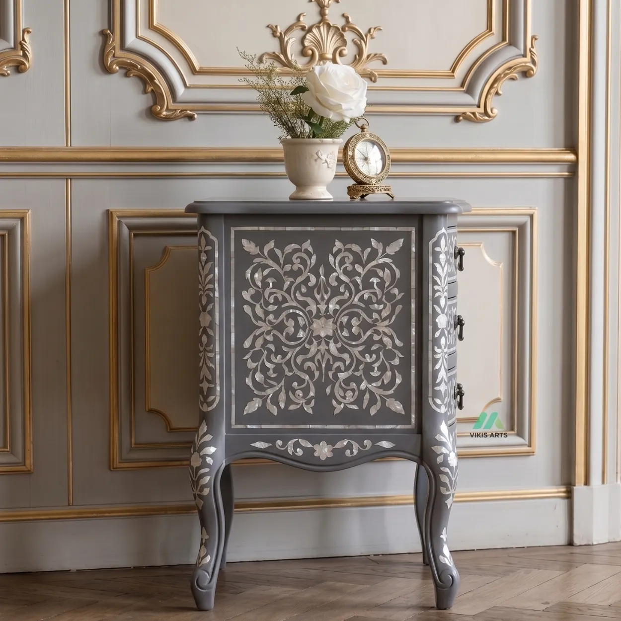 Mother of Pearl Grey Bedside Table - Image 5