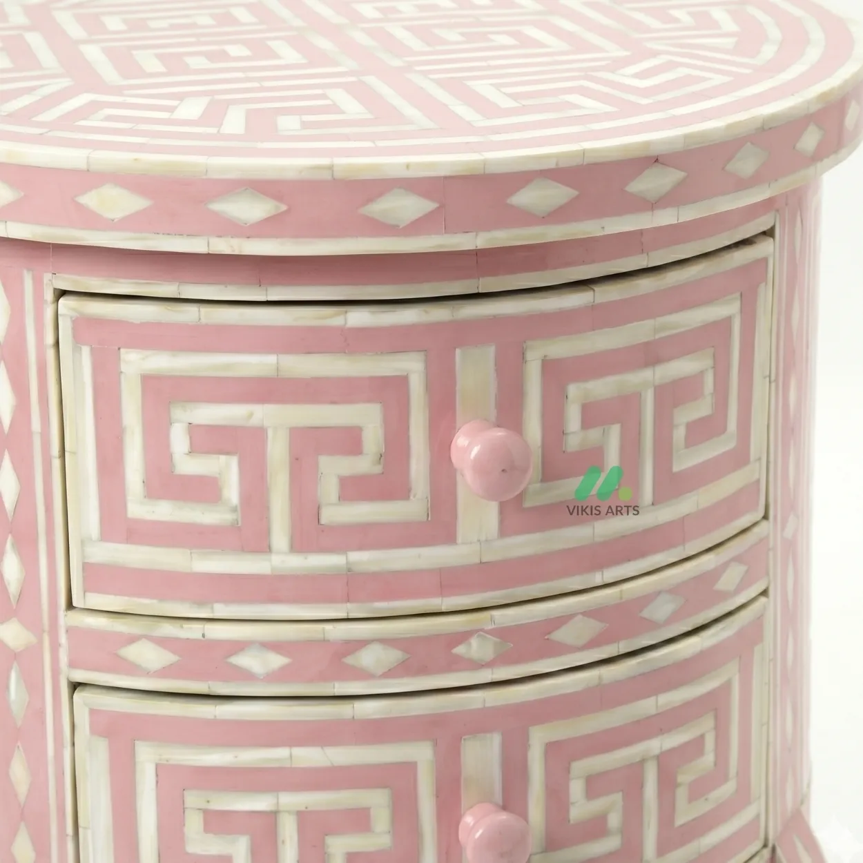 Bone Inlay Pink Round Bedside Table with 2 Drawers - Image 4