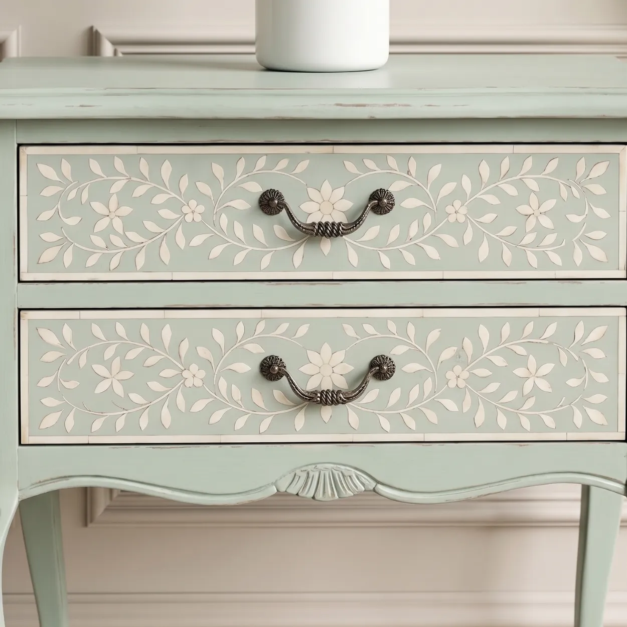 Bone Inlay Light Green Bedside Table - Image 5