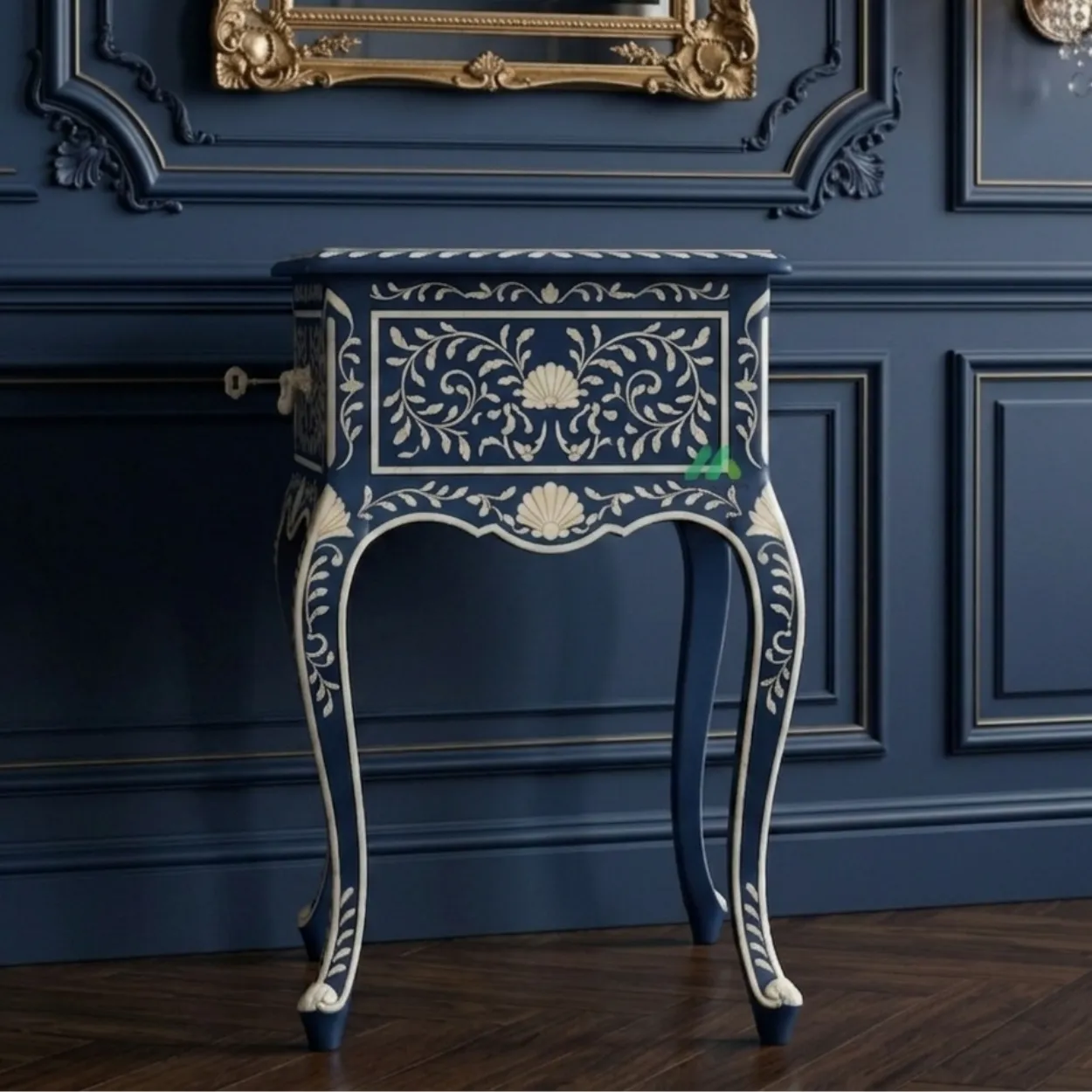 Bone Inlay Navy Blue Bedside Table - Image 4