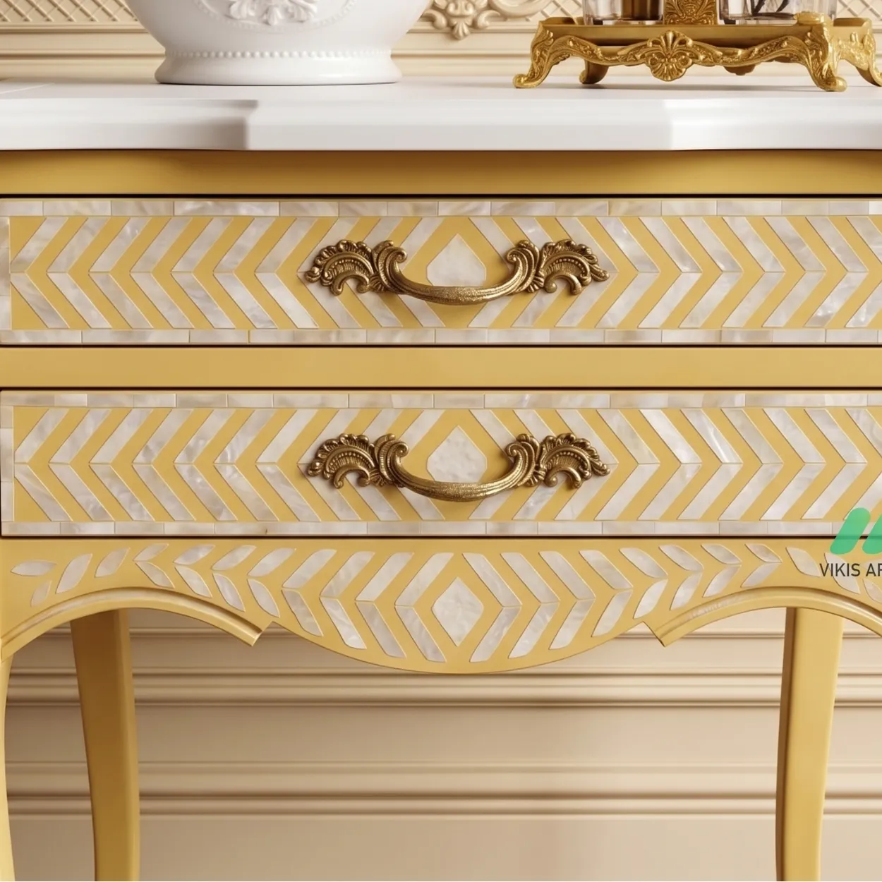 Mother of Pearl Yellow Bedside Table - Image 6