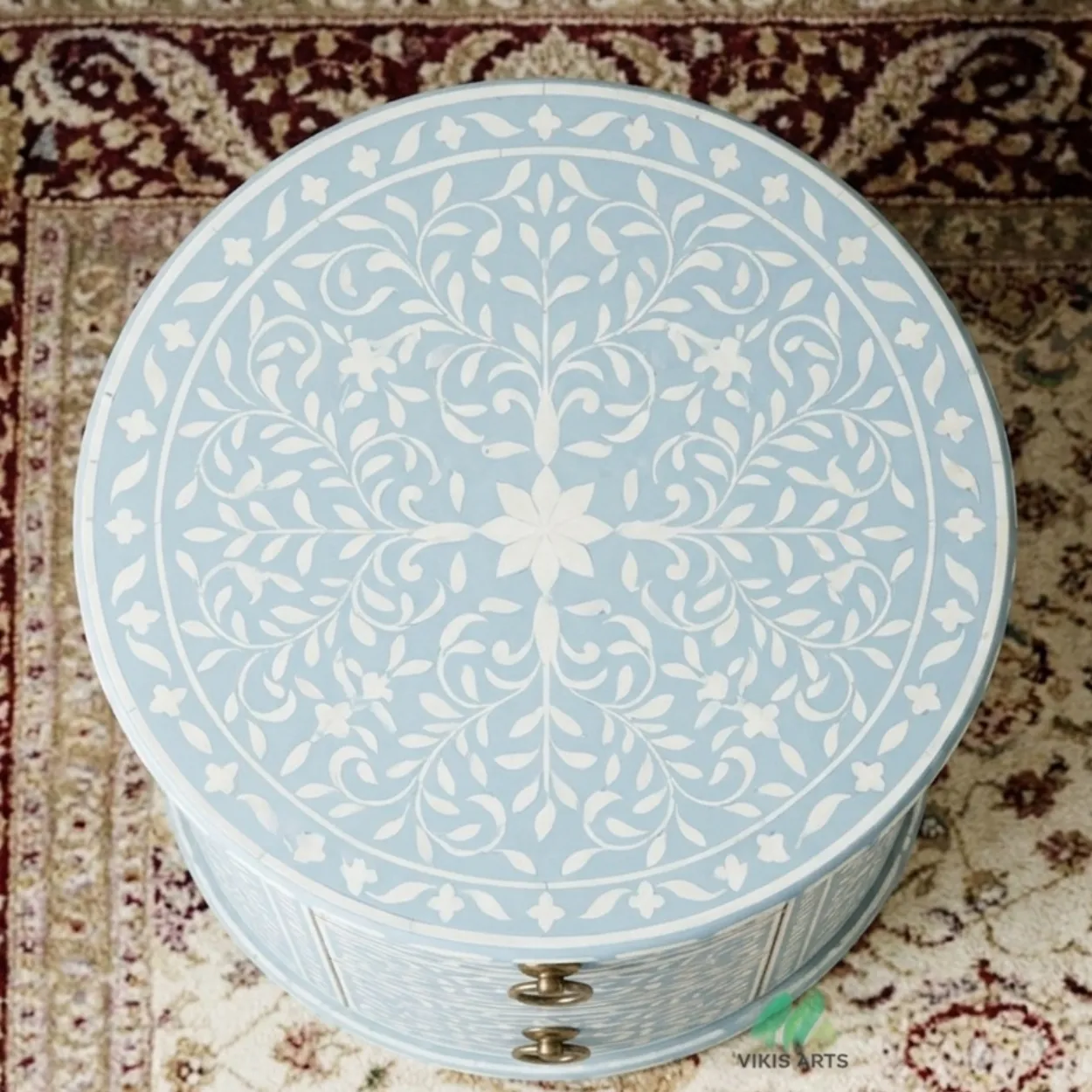 Bone Inlay Light Blue Round Bedside Table - Image 3