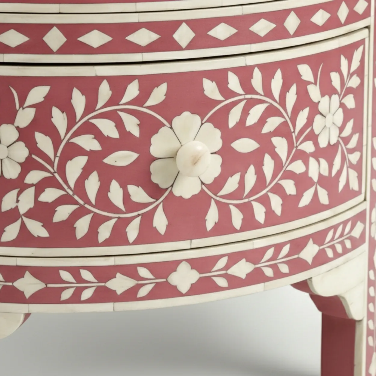 Bone Inlay Pink Round Bedside Table with 2 Drawer - Image 6