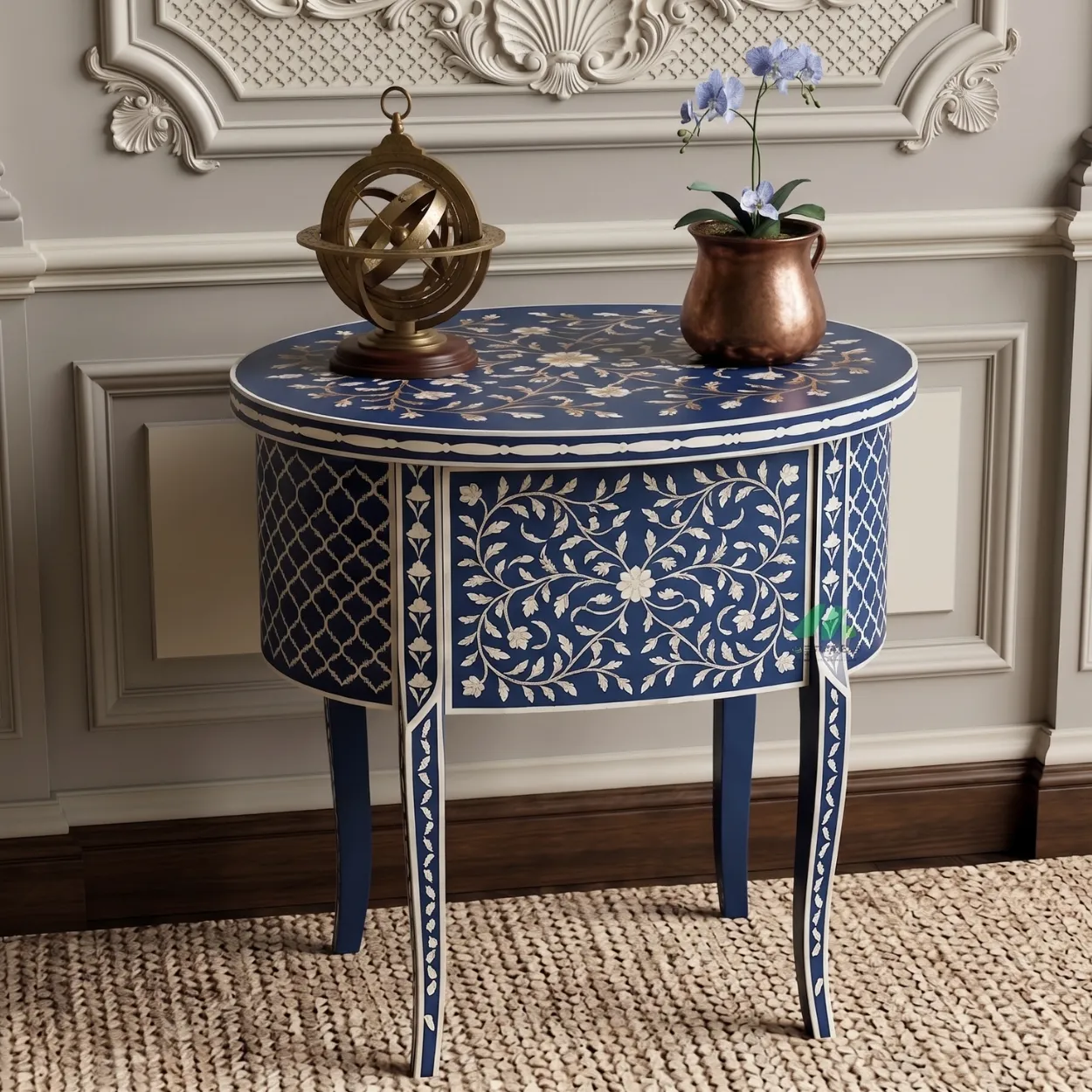 Bone Inlay Navy Blue Round Bedside Table - Image 3