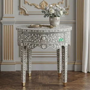 Mother of Pearl Round Grey Bedside Table