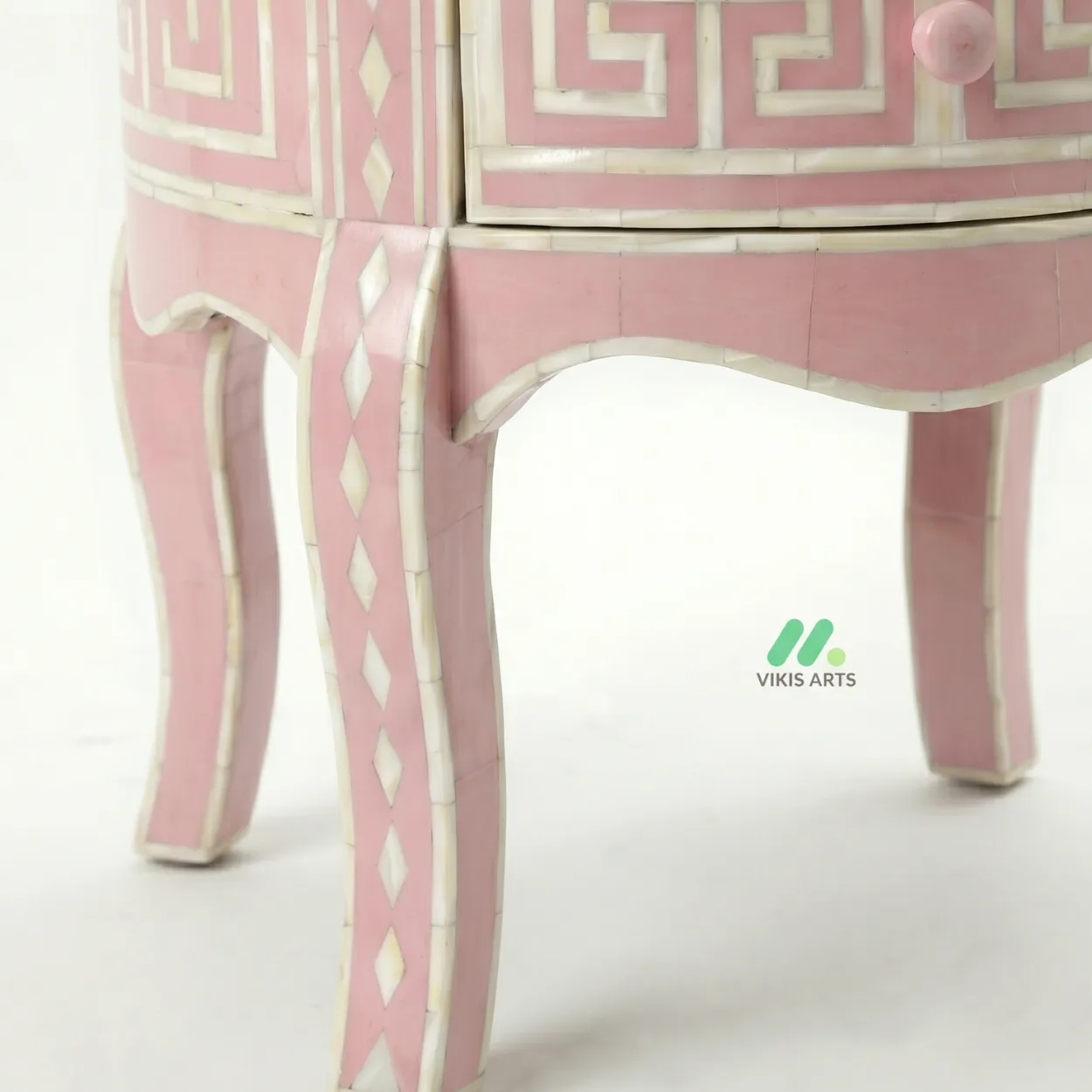Bone Inlay Pink Round Bedside Table with 2 Drawers - Image 6