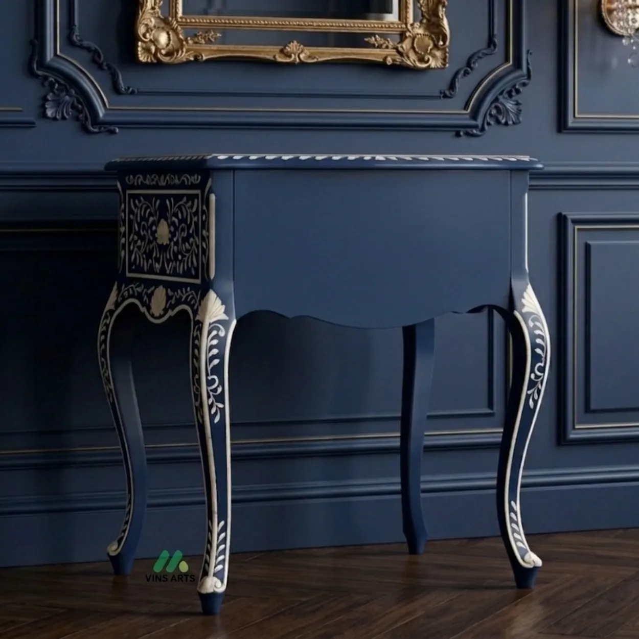 Bone Inlay Navy Blue Bedside Table - Image 2