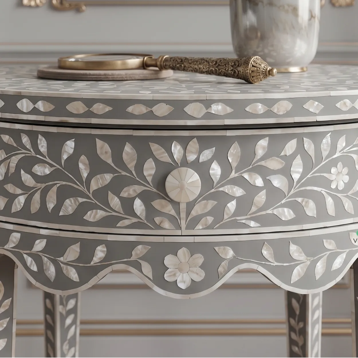 Mother of Pearl Round Grey Bedside Table - Image 4