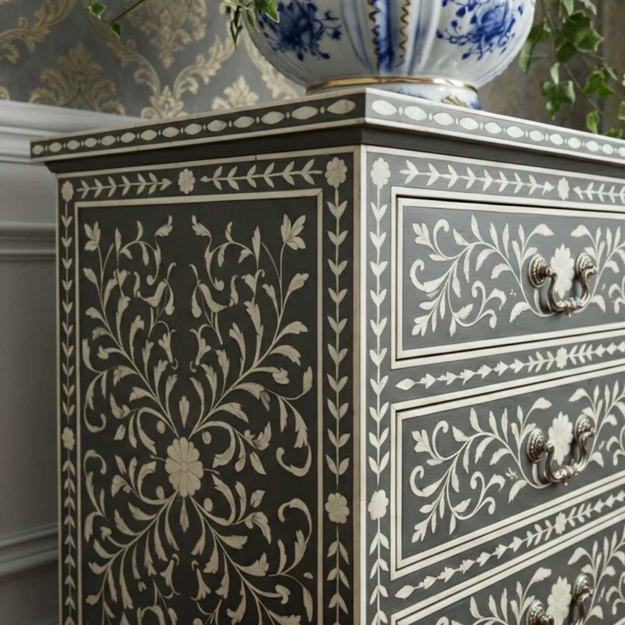 Bone Inlay Grey Bedside Table with 3 Drawer - Image 5