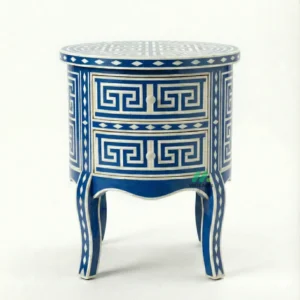 Bone Inlay Blue Round Nightstand with 2 Drawers