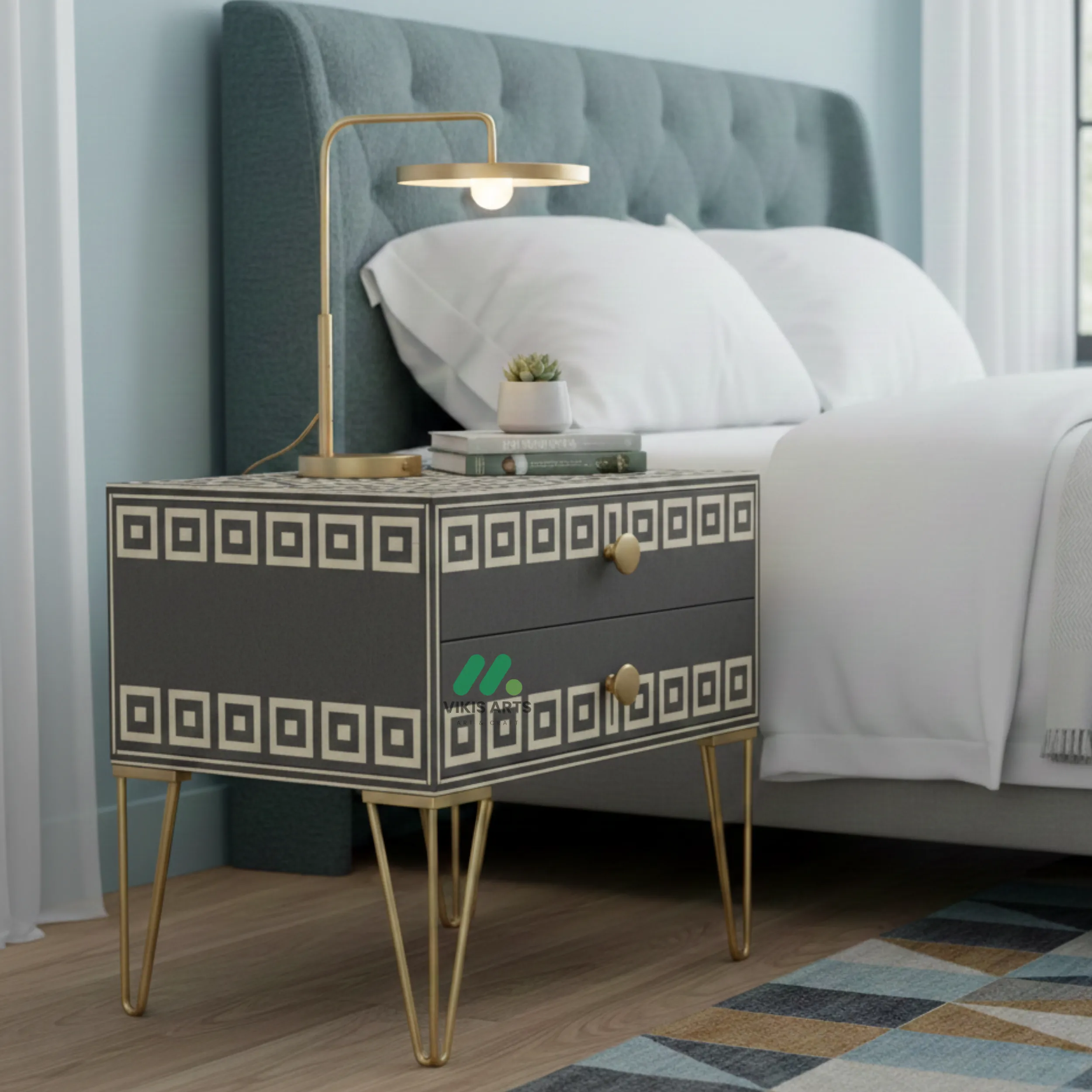 Bone Inlay Grey Bedside Table with 2 Drawers