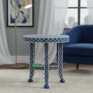 Bone Inlay Blue Round Bedside Table