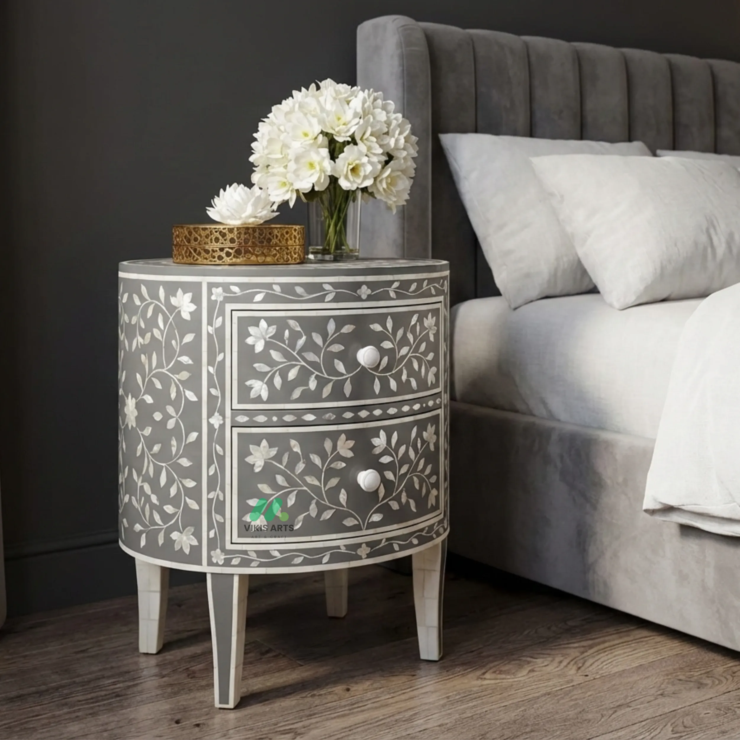 Bone Inlay Grey Round Bedside Table with 2 Drawers