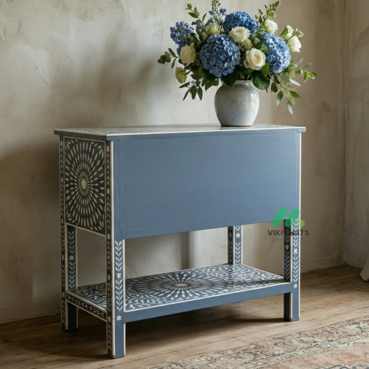 Bone Inlay Grey bedside table with 4 Drawer - Image 2