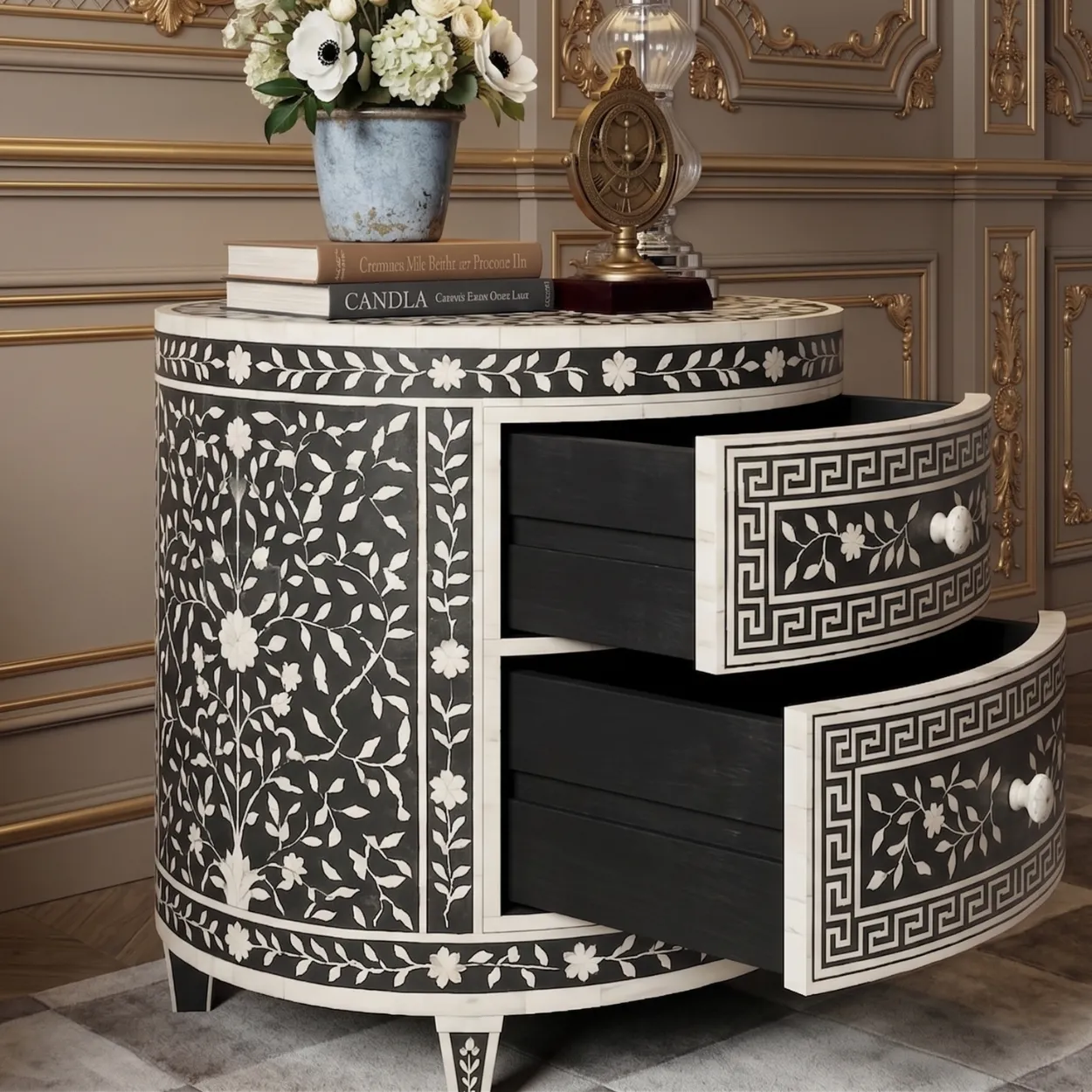 Bone Inlay Black Round Bedside Table - Image 5