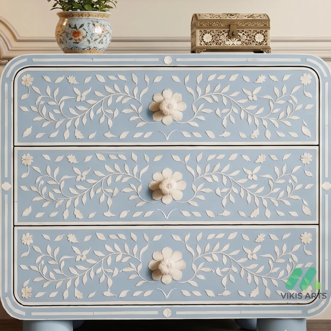 Bone Inlay Light Blue Bedside Table - Image 5
