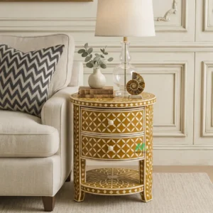 Bone Inlay Yellow Round Bedside Table