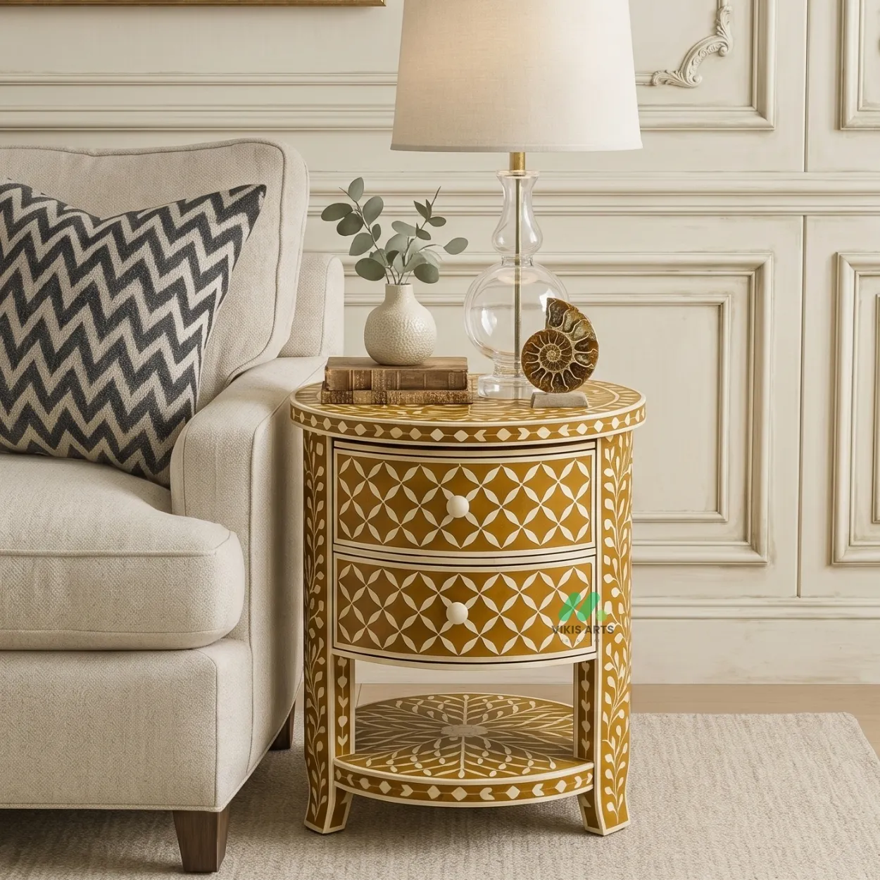 Bone Inlay Yellow Round Bedside Table