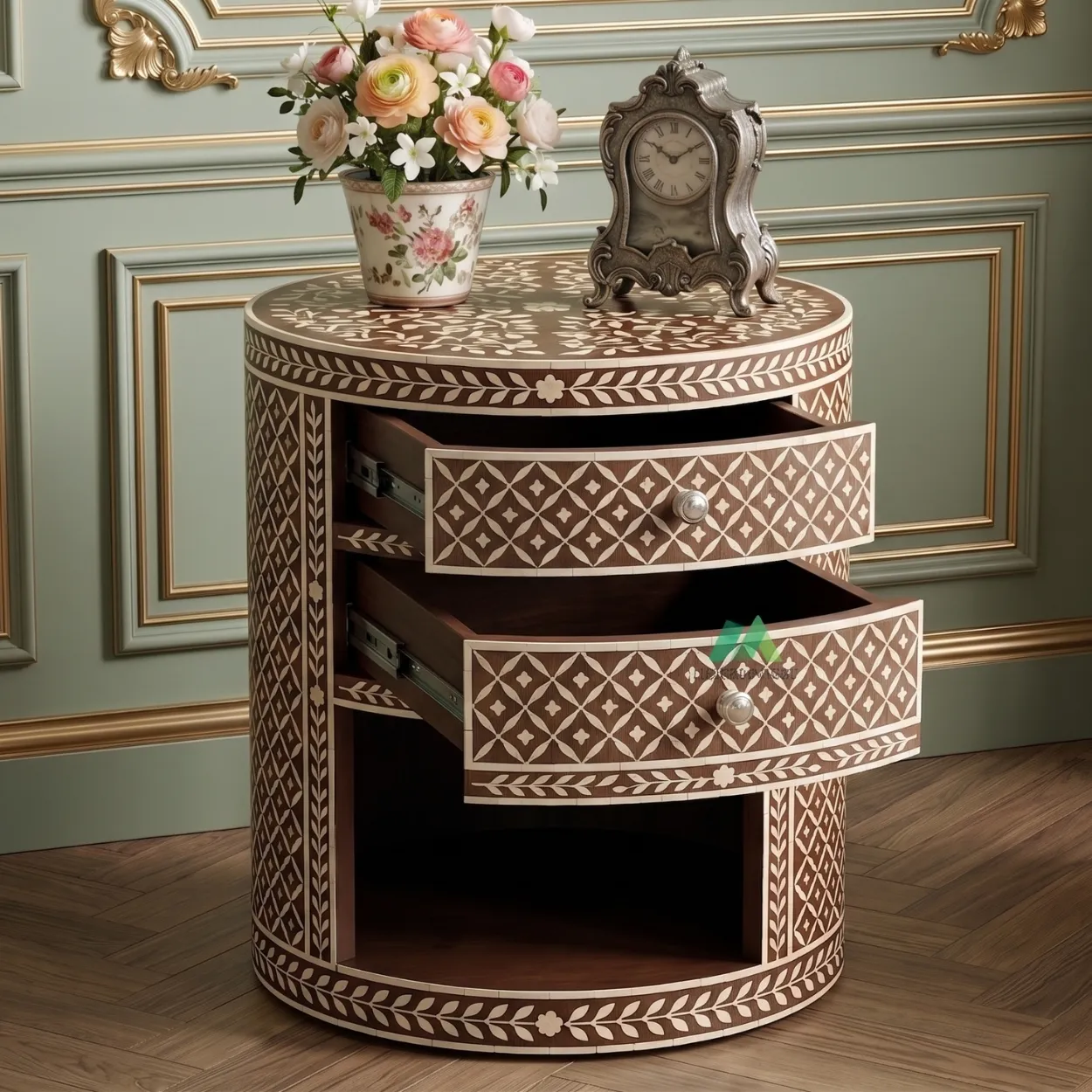 Bone Inlay Wooden Round Bedside Table - Image 5