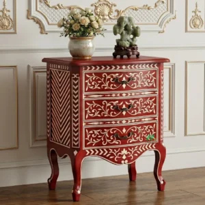 Bone Inlay Red Bedside Table